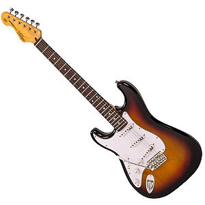 Guitarra Vintage Reissued LV6SSB Strato Canhoto Sunburst com Corpo Poplar Oriental Braço Hard Maple Parafusado Escala Rosewood 22 Trastes 3 Captadores Single Coil Wilkinson Ponte Tremolo Wilkinson