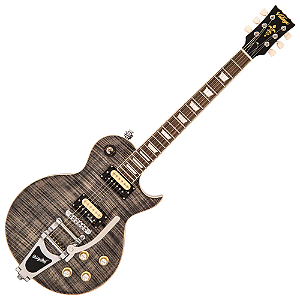 Guitarra Vintage Reissued V100BLB With Bigsby Flamed Thru Black com Corpo Mahogany Top Maple Carved Flamed Braço Mahogany Set Neck Escala Rosewood 2 Captadores Humbucker Wilkinso Ponte Wilkinson TOM Vibrato Bigsby