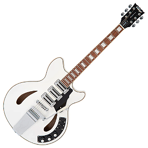 Guitarra Vintage Revo VRS 550 AW Custom Supreme Semi-Acústica Arctic White com Corpo Maple Braço Maple Escala Jatobá 22 Trastes 3 Captadores Alan Entwistle Toaster RT64 Ponte Roller Vibrato Vintage