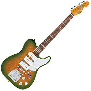 Guitarra Vintage Revo Series Trio Green Yellowburst com Corpo Okoume Braço Maple Escala Jatobá 22 Trastes 3 Captadores P90 Entwistle Ponte Roller Vibrato Offset