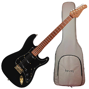 Guitarra Benson Hardy HD 901 BK Gold Black com Captadores Wilkinson Alnico 5 Single-Coil Ponte Wilkinson Tremolo 2 Pivôs Pickguard Black Hardware Gold e Bag