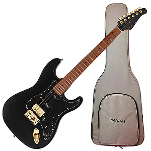 Guitarra Benson Hardy HD 902 BK BKPG GOLD Black com Captadores Wilkinson Alnico 5 HSS Ponte Wilkinson Tremolo 2 Pivôs Pickguard Black Hardware Gold e Bag