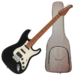 Guitarra Benson Hardy HD 902 BK APPG Black com Captadores Wilkinson Alnico 5 HSS Ponte Wilkinson Tremolo 2 Pivôs Pickguard Aged Pearl e Bag