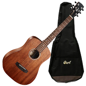 Violão Cort AD Mini MEDX OP Open Pore Mahogany Natural 3/4 Corpo Dreadnought Mini Tampo Fundo e Laterais em Mogno Eletrônica Cort CE306T com Afinador Embutido e Bag