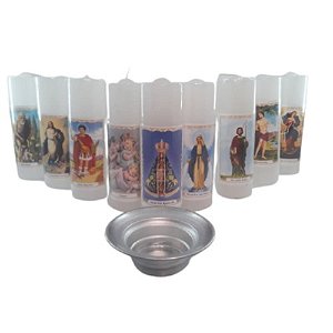 Kit 10 Velas Votivas 7 Dias Com Imagens de Santos Católicos - 260 gr - Brinde 1 porta velas