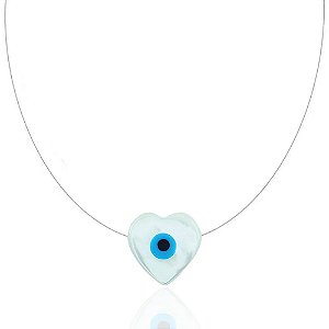 Colar Olho Grego Coração Madrepérola Fio De Nylon 40 cm