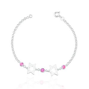 Pulseira De Prata Estrelas Com Zircônias Rosa 18 cm
