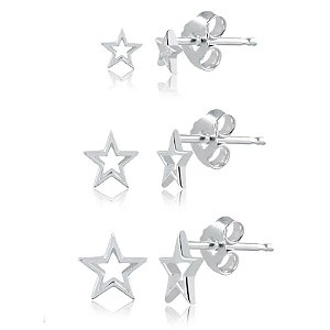 Trio de Brincos Estrelas Vazadas - Prata 925
