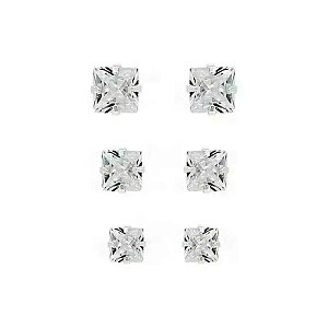 Trio Brincos Pontos De Luz Zircônia Quadrada Cristal - Prata 925
