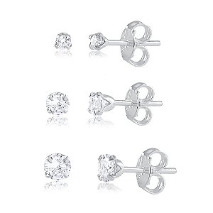 Trio Brincos Pontos De Luz Redondo Zircônia Cristal - Prata 925