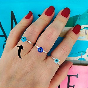 Anel De Prata Olho Grego Murano Redondo Azul Claro 6 mm