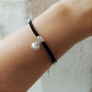Pulseira Cordão Nylon Concha Do Mar e Bolinhas Prata