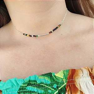 Choker De Prata Miçangas Coloridas 40 cm