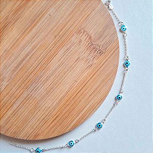 Tornozeleira De Prata 6 Olho Grego Azul 25 cm