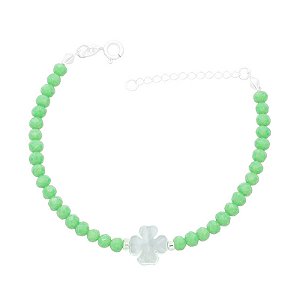 Pulseira De Prata Cristais Verdes e Trevo Madrepérola 18 cm