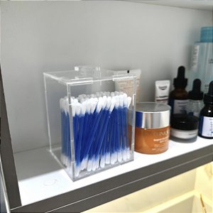 Porta Cotonetes com Tampa Médio em Acrílico Transparente Organizador para Banheiro e Bancada