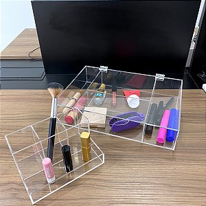 Kit Organizador de Maquiagem com Caixa de tampa e Porta Pincel de Acrílico Transparente