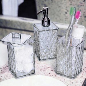 Kit Banheiro 3 Peças Acrílico Transparente Glamour Plasútil Organizador para Lavabo