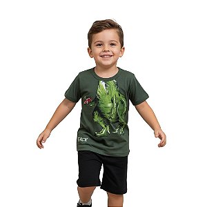 pijama dinossauro infantil menino algodão camiseta verde short preto com elástico tamanho 4 anos
