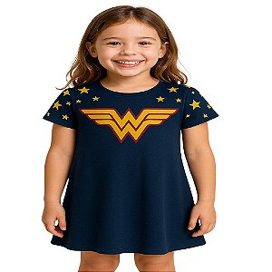 vestido mulher maravilha infantil manga curta azul algodão liga da justiça tamanho 6 anos