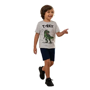 conjunto Infantil dinossauro menino camiseta mescla branca bermuda marinho tamanhos 2 a 8 anos