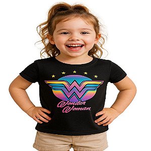 blusa mulher maravilha infantil feminina preta manga curta algodão  tamanhos 6 anos