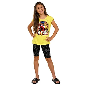 roupa da ladybug infantil menina conjunto blusa amarela bermuda preta tamanho 10 anos