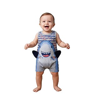 macacão bebê masculino temático tubarão algodão aplique barbatana várias cores tamanhos 3 a 12 meses