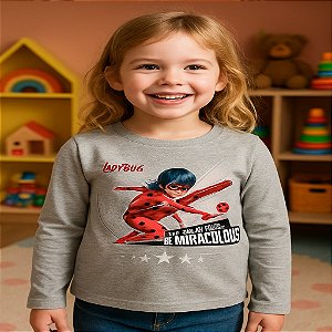 roupa da ladybug infantil menina blusa manga longa com glitter cinza tamanho 6 anos