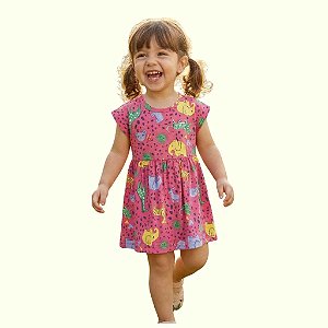 vestido infantil menina animal print pink malha algodão agradável para verão tamanhos 2 e 3 anos