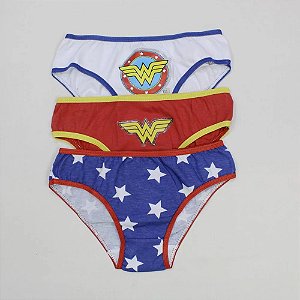kit calcinhas infantil tematica mulher maravilha algodão cores variadas tamanhos 8 e 10