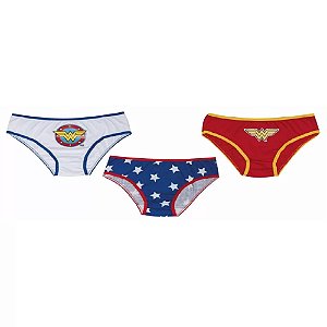 kit calcinhas infantil tematica mulher maravilha algodão cores variadas tamanhos 8 a 12