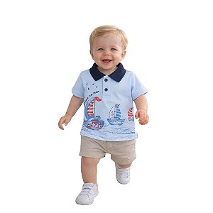camisa polo infantil bebe tema barcos 100% algodão confortável azul e branco tamanhos P a G