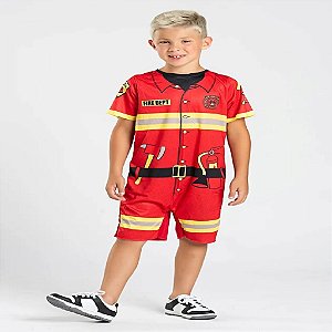 Fantasia de bombeiro infantil masculino macacão poliéster vermelho nos tamanhos 4 e 6 anos