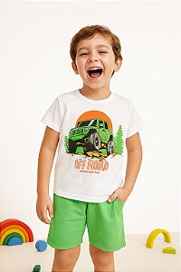 conjunto infantil menino carro jeep bermuda verde e camiseta branca tamanhos 2 a 10 anos