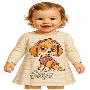 vestido infantil menina patrulha canina skye manga longa bege 100% algodão 2 anos