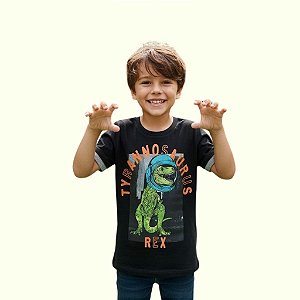 camiseta dinossauro infantil menino tyrannosaurus rex preto algodão tamanhos 2 a 10 anos