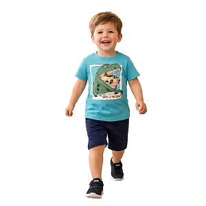 conjunto infantil dinossauro menino camisetas azul e laranja bermuda preto 100% algodão tamanhos 2 e 3 anos