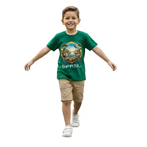 camiseta Brasil infantil natureza unissex verde bandeira 100% algodão confortável tamanhos 4 a 16 anos