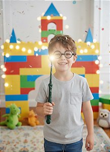 kit varinha magica verde com oculos preto bruxos de led emite luz e som para fantasias do tema