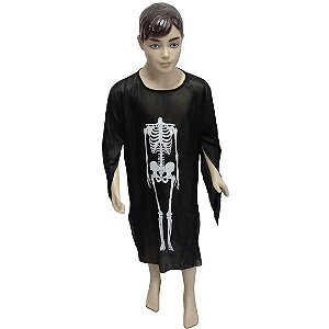 capa esqueleto infantil halloween túnica para fantasia poliéster preta tamanho 70cm