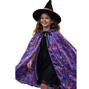 capa bruxinha infantil feminina túnica halloween colorida poliéster roxa tamanho altura 80cm x 50cm largura