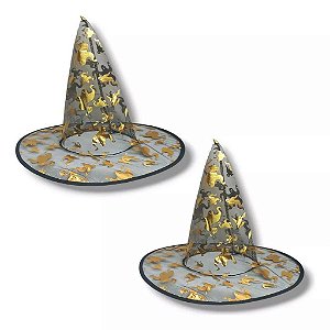 chapéu de bruxa transparente infantil estampa metalizada fantasma halloween de tule
