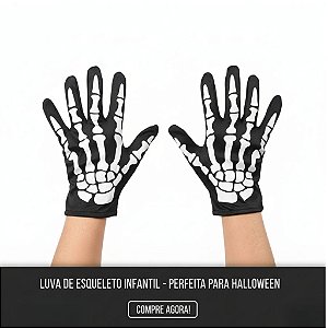 luva preta halloween infantil adulto caveira esqueleto ossos festa fantasia tamanho único 11 cm x 22 cm