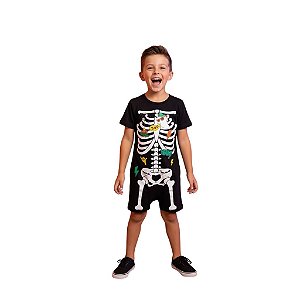 fantasia de halloween infantil menino estampa esqueleto macacão 100% algodão tamanhos 1 a 10 anos