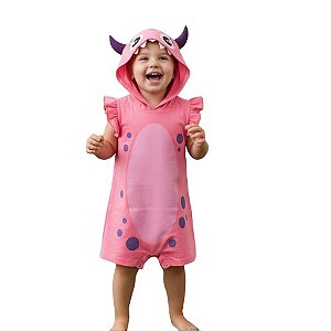 fantasia de monstro infantil menina macacão rosa algodão com capuz aplique tamanhos 1 a 3 anos