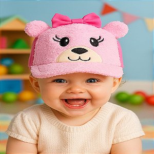 boné rosa bebe pelucia feminino laço estampa ursa poliéster regulagem para  até 12 meses