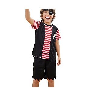 fantasia de pirata infantil conjunto bermuda camiseta e tapa olho unissex poliéster tamanhos 4 a 10 anos