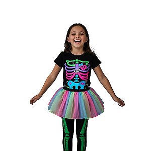 fantasia infantil menina halloween conjunto esqueleto neon blusa legging saia tule tamanhos 1 a 10 anos