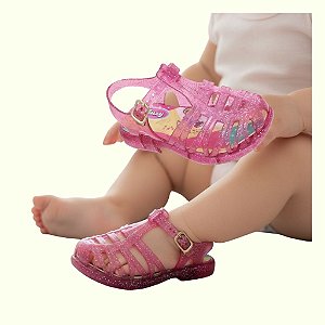Sandália infantil menina bebê pink glitter transparente material pvc nos tamanhos 17 a 24